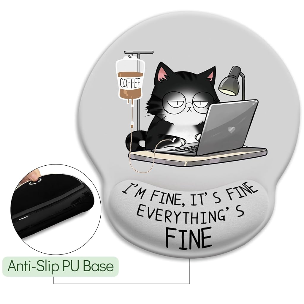 ZORBES® Mouse Pad with Wrist Support, Funny Cat Ergonomic Mouse Pad with Wrist Support I'm Fine Motivational Memo Design, Soft Gel Rest, Non-Slip Mouse Mat for Office & Home ZORBES® Mouse Pad with Wrist Support, Funny Cat Ergonomic Mouse Pad with Wrist Support I'm Fine Motivational Memo Design, Soft Gel Rest, Non-Slip Mouse Mat for Office & Home